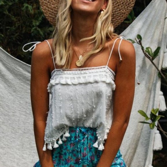 Boho White Flowy Tank Top Fringe Tassels - Picture 2 of 5